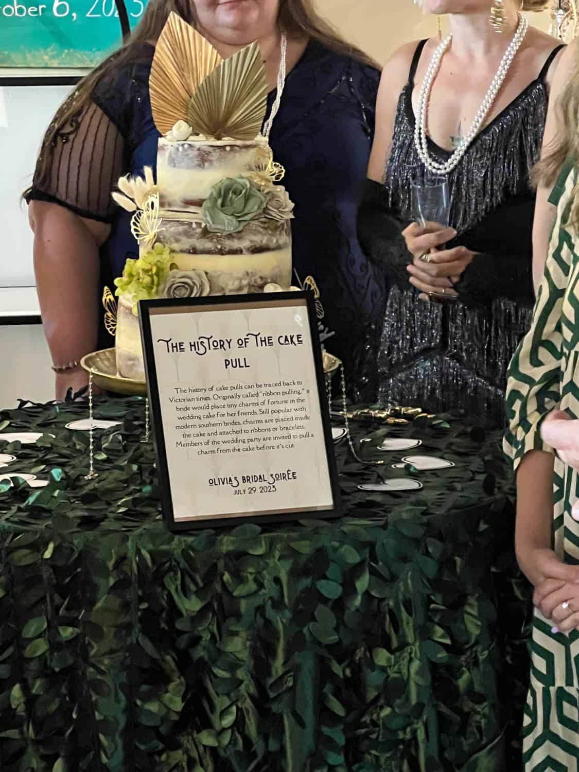 Guests at a wedding standing around a cake which features a sign describing the tradition of cake pull.